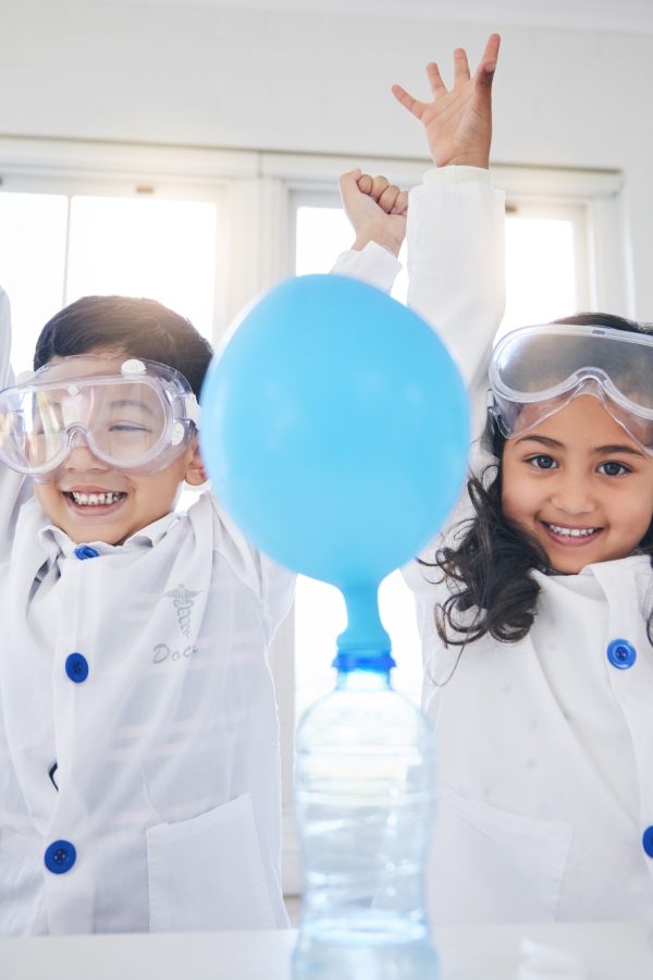 Portrait, children science and siblings in their home with a balloon for education, learning or an